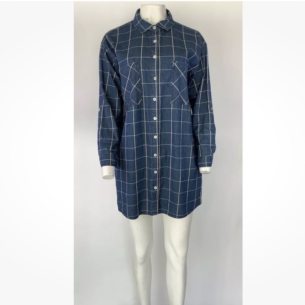 NWOT Ellison Sz M 100% Cotton Plaid Denim Mini Shirt Dress Blue Button Front